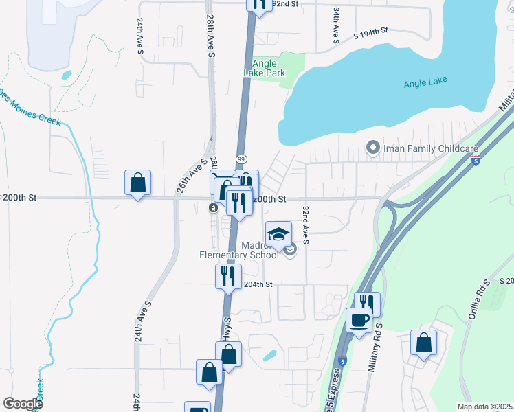 map of restaurants, bars, coffee shops, grocery stores, and more near 2929 South 200th Street in SeaTac