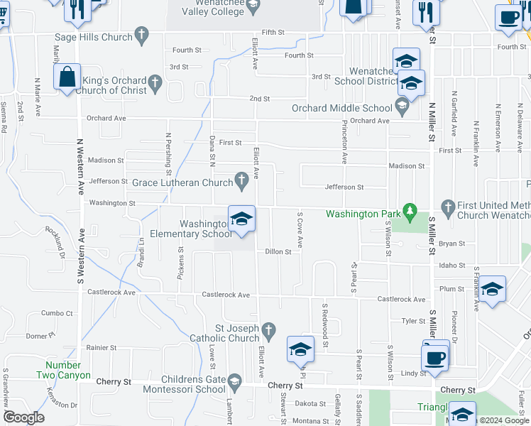map of restaurants, bars, coffee shops, grocery stores, and more near 1335 Washington Street in Wenatchee