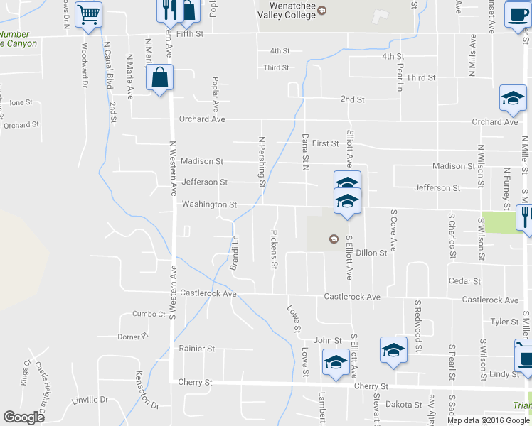 map of restaurants, bars, coffee shops, grocery stores, and more near 1607 Washington Street in Wenatchee