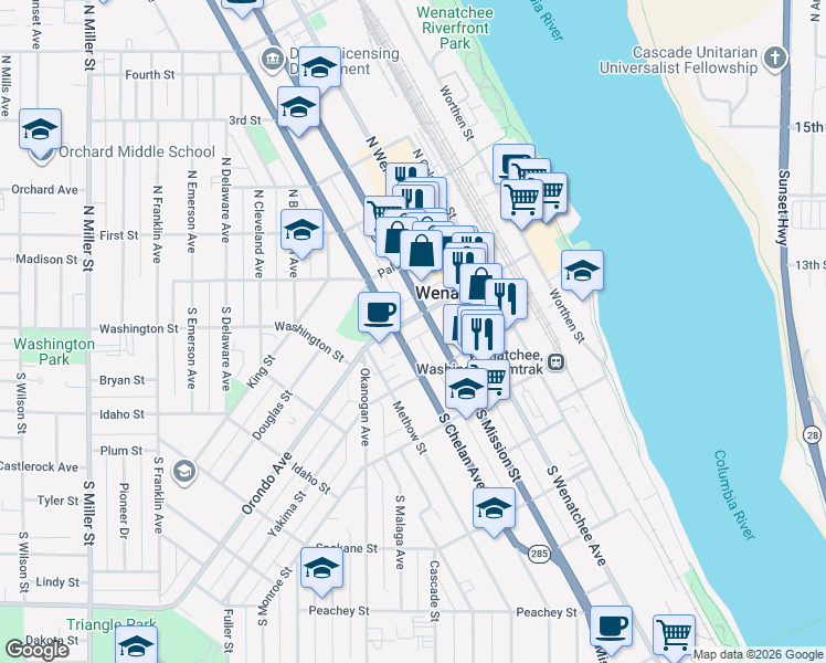 map of restaurants, bars, coffee shops, grocery stores, and more near 211 Orondo Avenue in Wenatchee
