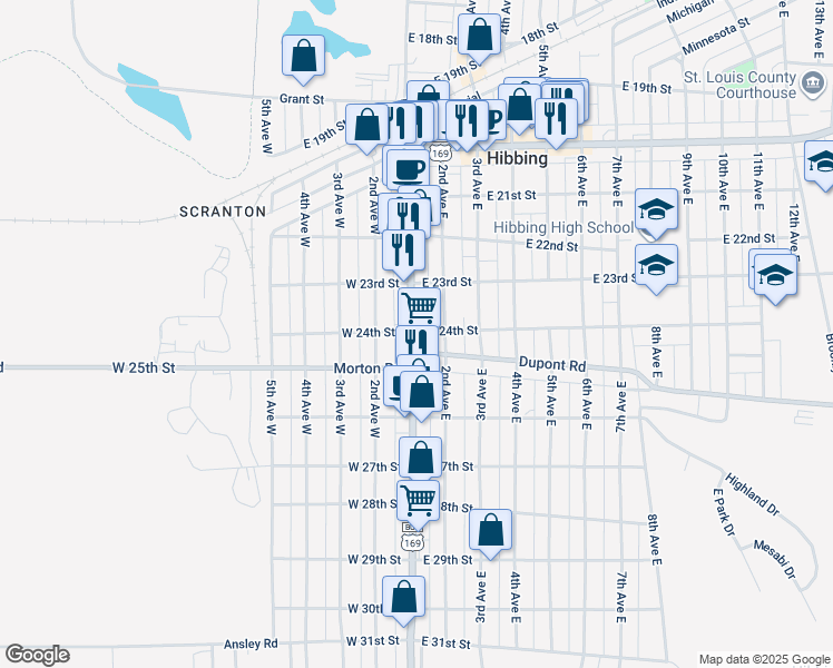 map of restaurants, bars, coffee shops, grocery stores, and more near 2400 1st Avenue in Hibbing
