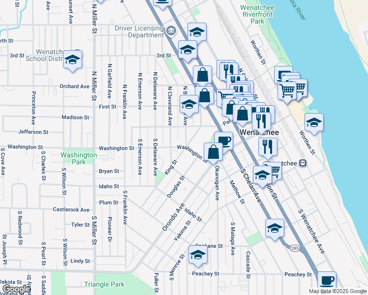 map of restaurants, bars, coffee shops, grocery stores, and more near 415 Washington Street in Wenatchee
