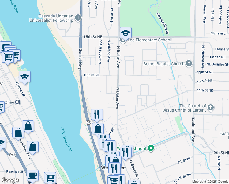 map of restaurants, bars, coffee shops, grocery stores, and more near 167 12th Street Northeast in East Wenatchee