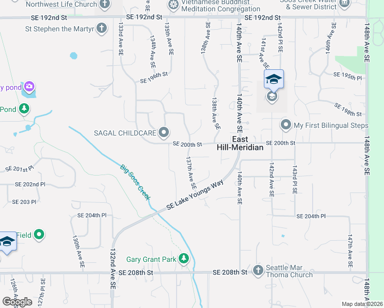 map of restaurants, bars, coffee shops, grocery stores, and more near 13700 Southeast 201st Street in Kent