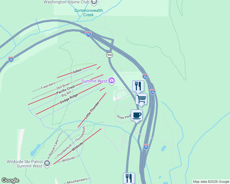 map of restaurants, bars, coffee shops, grocery stores, and more near 21 Kendall Peak Way in Snoqualmie Pass