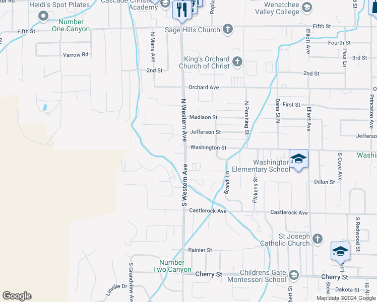 map of restaurants, bars, coffee shops, grocery stores, and more near 7 South Western Avenue in Wenatchee