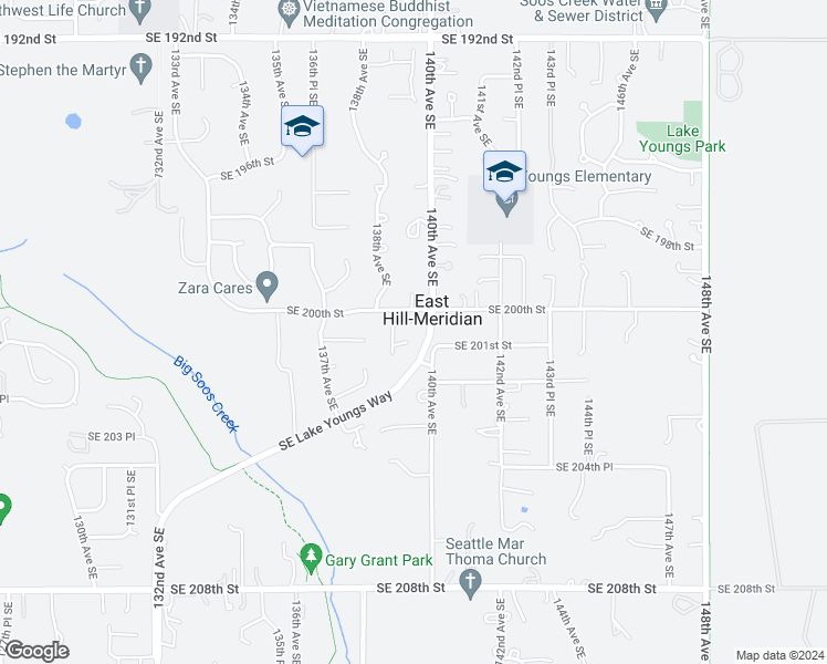 map of restaurants, bars, coffee shops, grocery stores, and more near 20018 139th Way Southeast in Kent