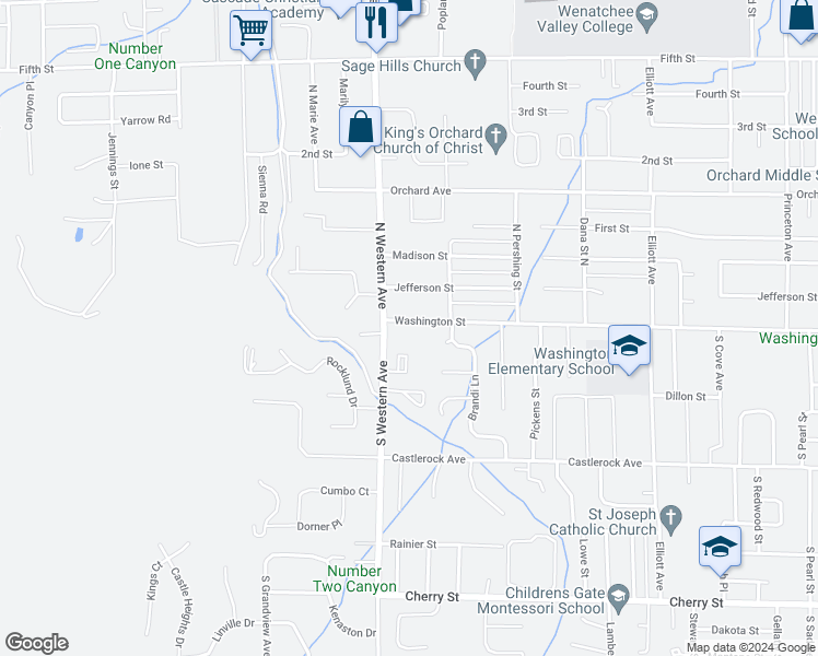 map of restaurants, bars, coffee shops, grocery stores, and more near 1721 Washington Street in Wenatchee