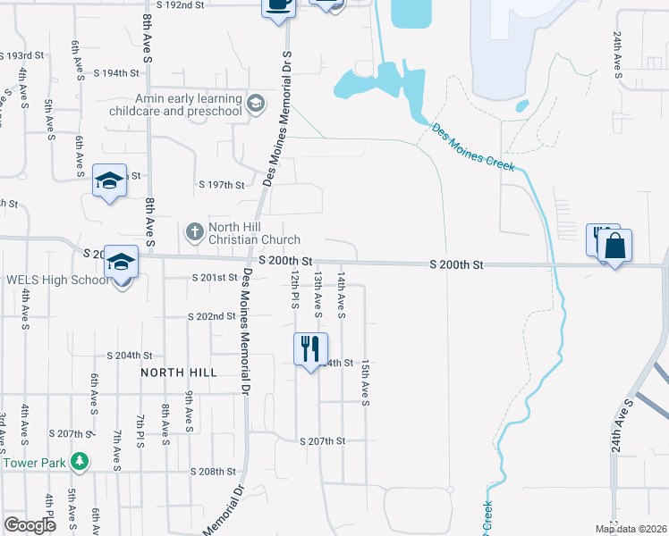 map of restaurants, bars, coffee shops, grocery stores, and more near 20011 14th Avenue South in SeaTac