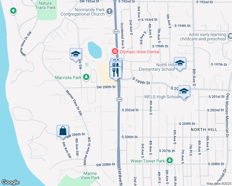 map of restaurants, bars, coffee shops, grocery stores, and more near 20017 1st Avenue South in Normandy Park