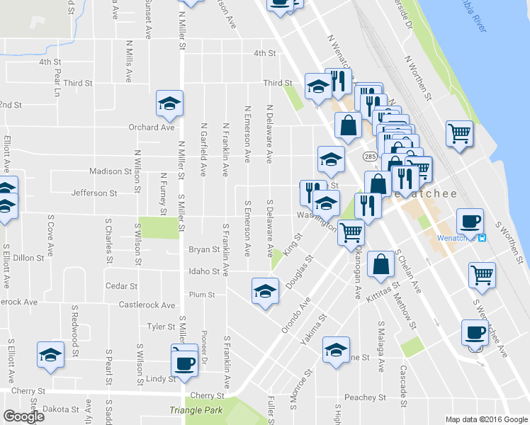 map of restaurants, bars, coffee shops, grocery stores, and more near 714 Washington Street in Wenatchee