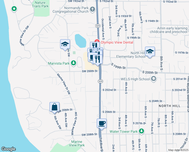map of restaurants, bars, coffee shops, grocery stores, and more near 20017 1st Avenue South in Normandy Park