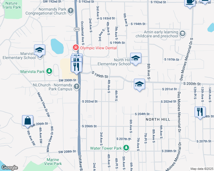 map of restaurants, bars, coffee shops, grocery stores, and more near 20019 4th Avenue South in Des Moines