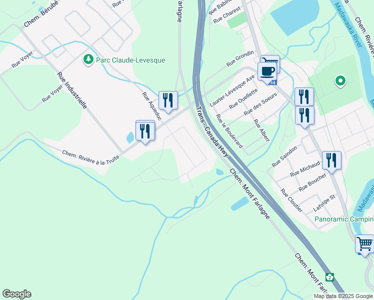 map of restaurants, bars, coffee shops, grocery stores, and more near 24 Rue Paquin in Edmundston