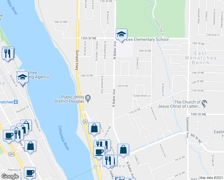 map of restaurants, bars, coffee shops, grocery stores, and more near 1212 North Baker Avenue in East Wenatchee