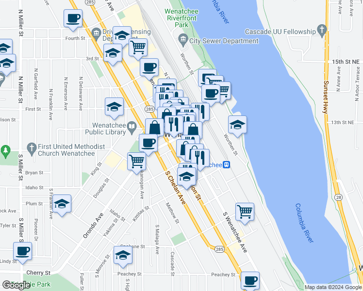 map of restaurants, bars, coffee shops, grocery stores, and more near 130 S Wenatchee Ave in Wenatchee