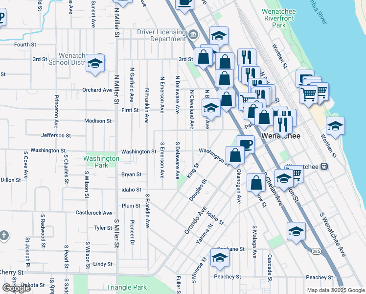 map of restaurants, bars, coffee shops, grocery stores, and more near 714 Washington Street in Wenatchee