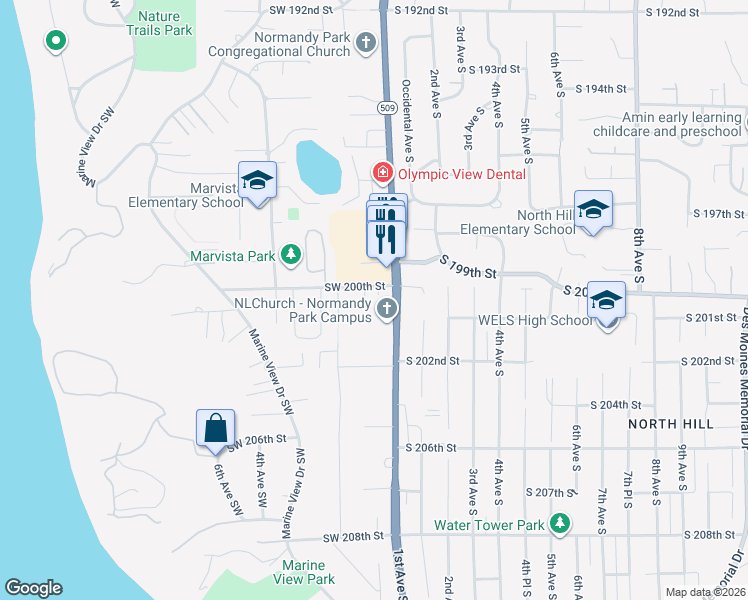 map of restaurants, bars, coffee shops, grocery stores, and more near 20014 1st Place Southwest in Seattle