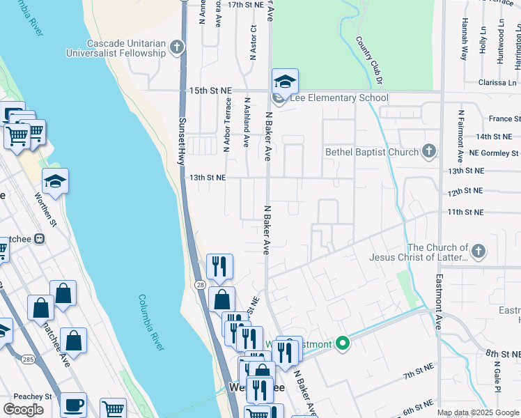 map of restaurants, bars, coffee shops, grocery stores, and more near 167 12th Street Northeast in East Wenatchee