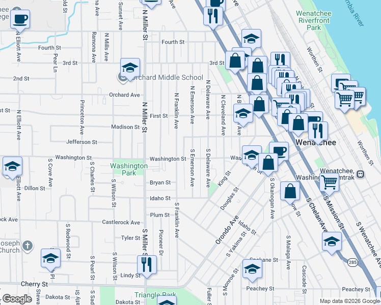 map of restaurants, bars, coffee shops, grocery stores, and more near 100 South Emerson Avenue in Wenatchee