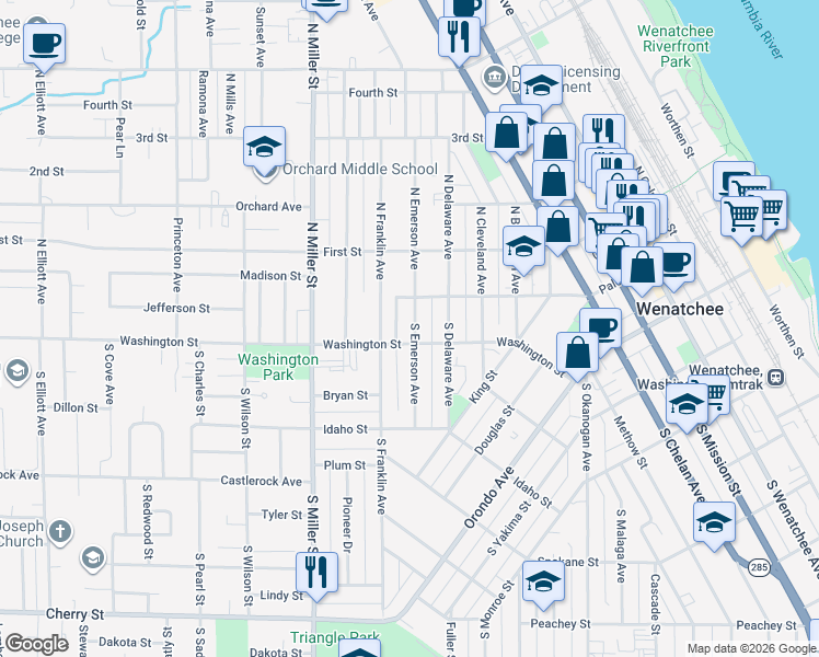 map of restaurants, bars, coffee shops, grocery stores, and more near 100 South Emerson Avenue in Wenatchee