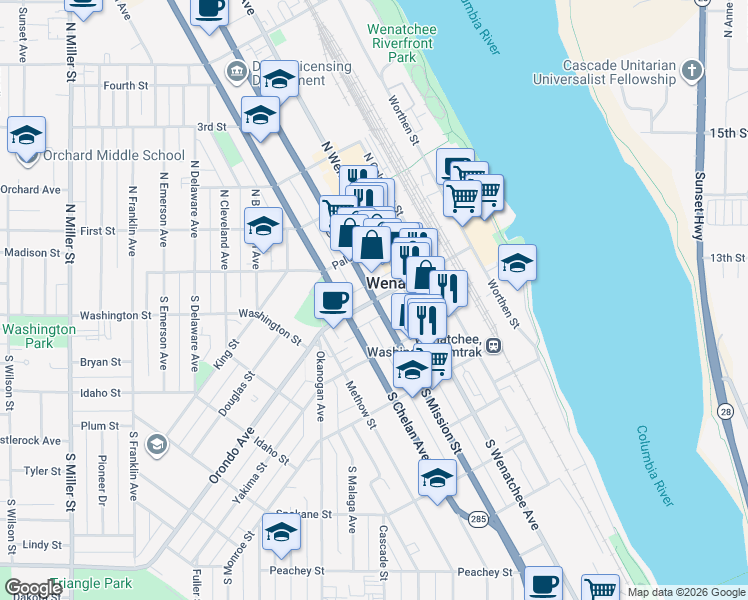 map of restaurants, bars, coffee shops, grocery stores, and more near 211 Orondo Avenue in Wenatchee