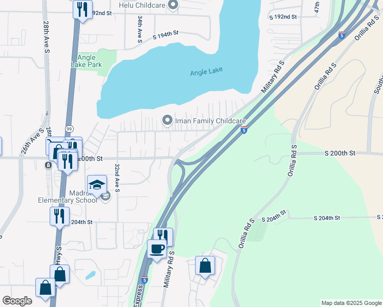map of restaurants, bars, coffee shops, grocery stores, and more near 19914 Military Road South in SeaTac