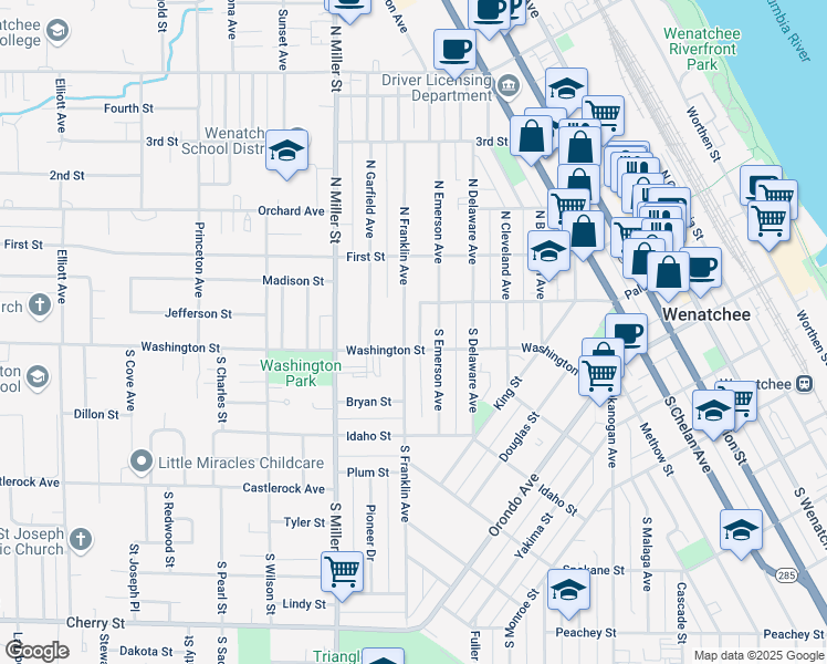 map of restaurants, bars, coffee shops, grocery stores, and more near 100 South Emerson Avenue in Wenatchee