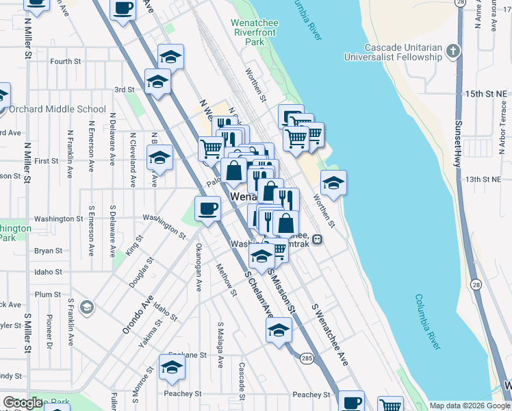 map of restaurants, bars, coffee shops, grocery stores, and more near 110 South Wenatchee Avenue in Wenatchee