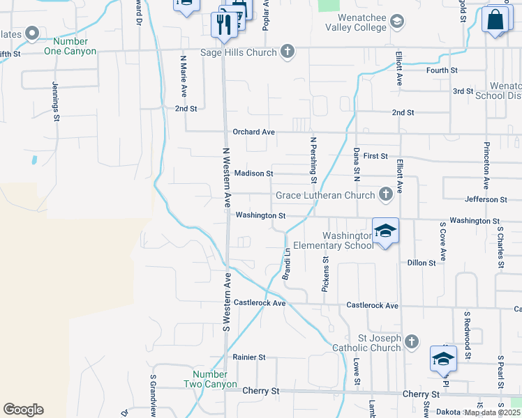 map of restaurants, bars, coffee shops, grocery stores, and more near 1703 Washington Street in Wenatchee