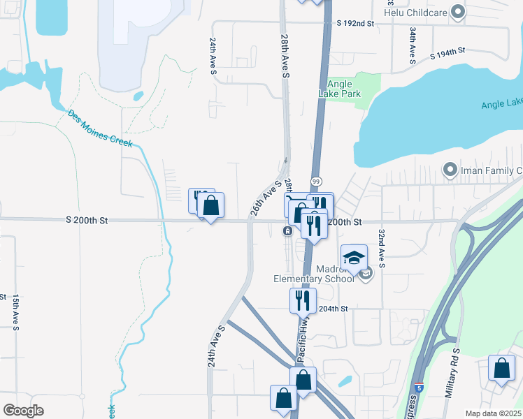 map of restaurants, bars, coffee shops, grocery stores, and more near 2701 27th Avenue South in SeaTac