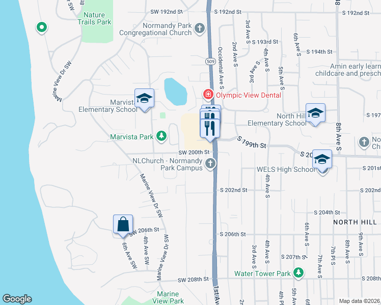 map of restaurants, bars, coffee shops, grocery stores, and more near 228 Southwest 200th Street in Normandy Park