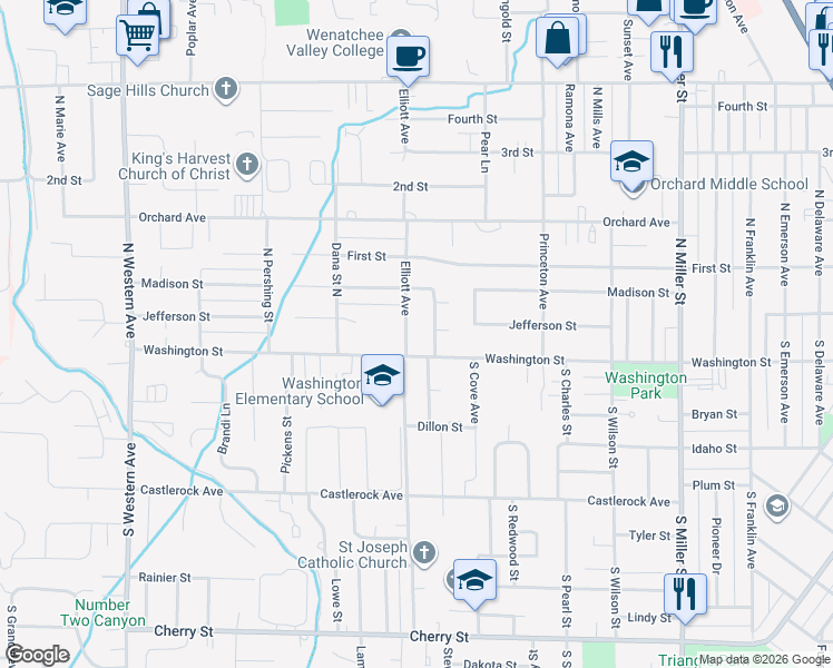 map of restaurants, bars, coffee shops, grocery stores, and more near 12 Sunburst Street in Wenatchee