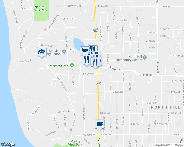 map of restaurants, bars, coffee shops, grocery stores, and more near 182 Southwest 200th Street in Seattle