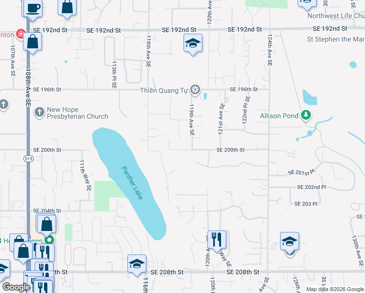 map of restaurants, bars, coffee shops, grocery stores, and more near 19829 118th Avenue Southeast in Kent