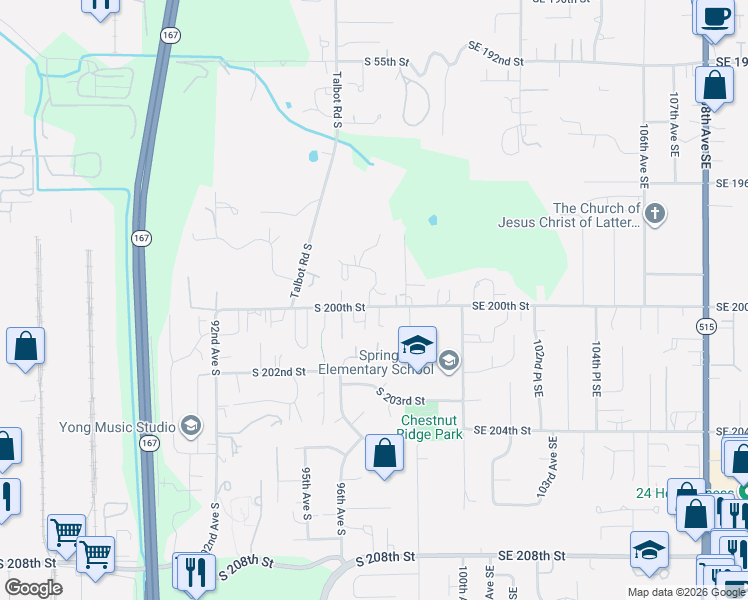 map of restaurants, bars, coffee shops, grocery stores, and more near 19912 97th Avenue South in Renton