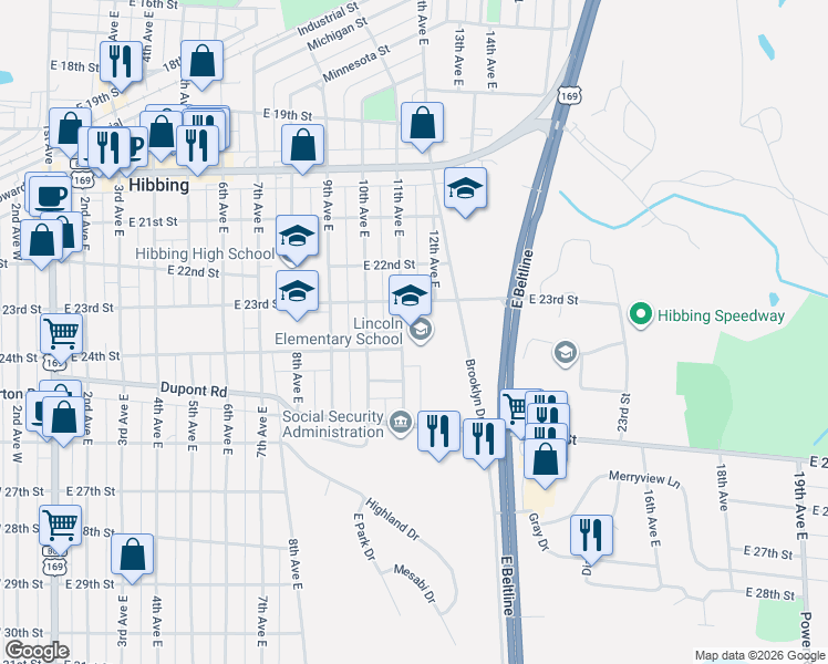map of restaurants, bars, coffee shops, grocery stores, and more near 1103 East 23rd Street in Hibbing