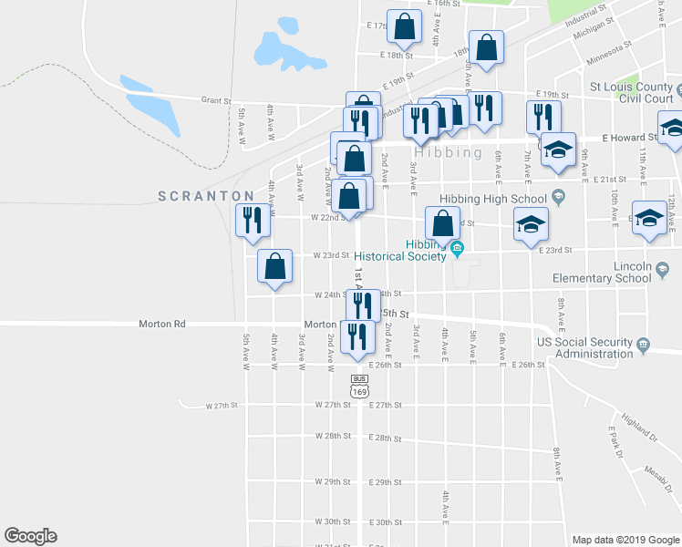 map of restaurants, bars, coffee shops, grocery stores, and more near 2230 2nd Avenue East in Hibbing