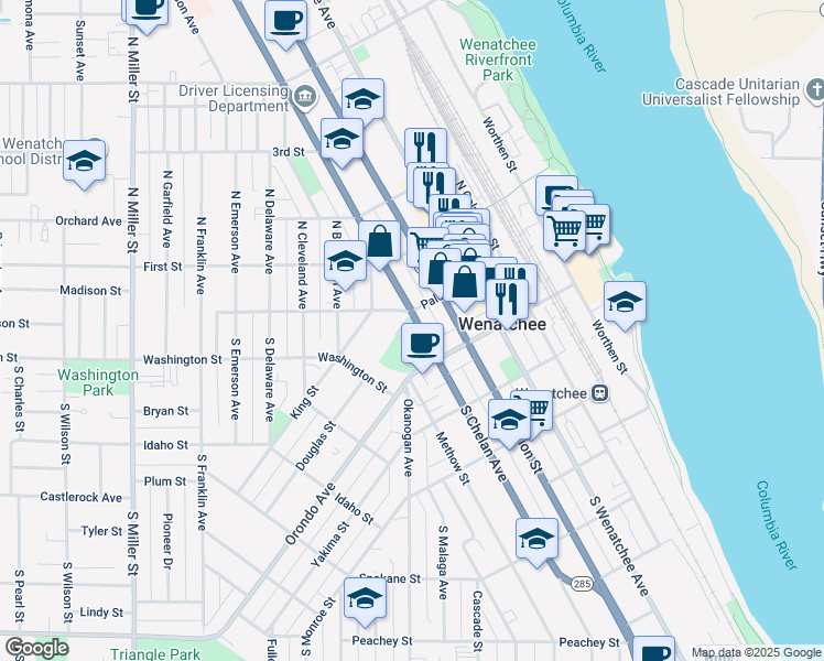 map of restaurants, bars, coffee shops, grocery stores, and more near 2 South Chelan Avenue in Wenatchee