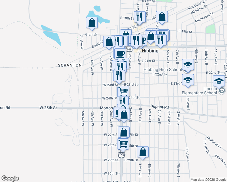map of restaurants, bars, coffee shops, grocery stores, and more near 2230 2nd Avenue East in Hibbing