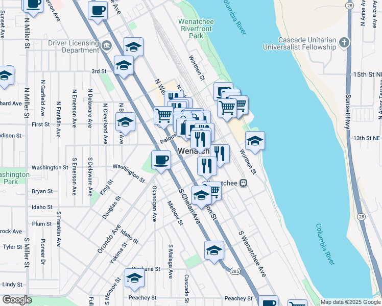 map of restaurants, bars, coffee shops, grocery stores, and more near in Wenatchee