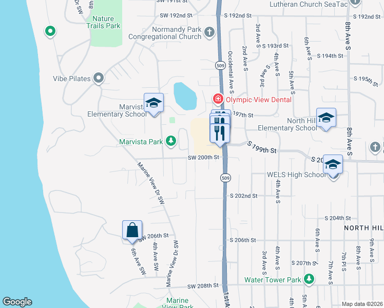 map of restaurants, bars, coffee shops, grocery stores, and more near 228 Southwest 200th Street in Normandy Park