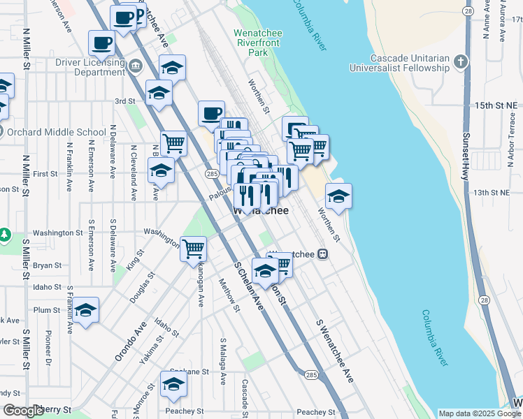 map of restaurants, bars, coffee shops, grocery stores, and more near in Wenatchee