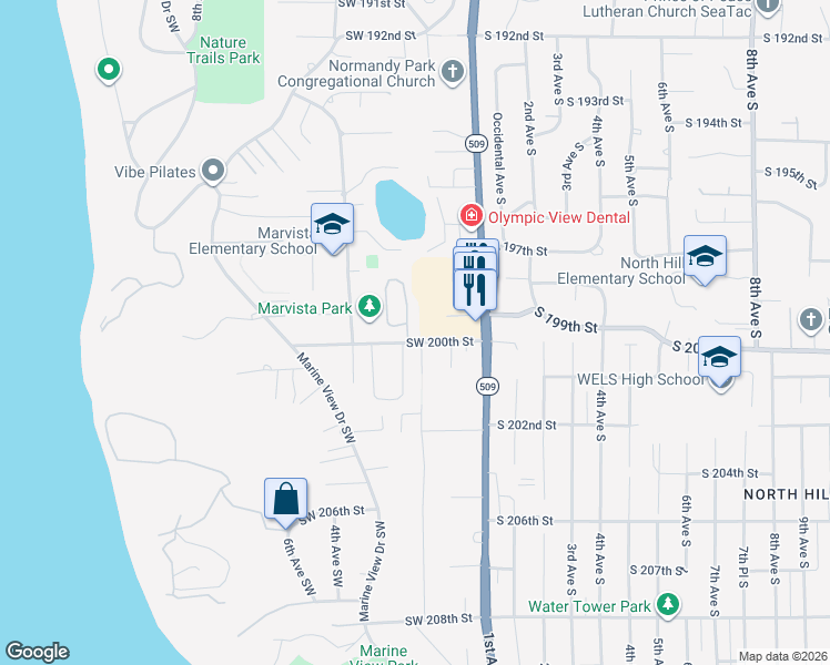 map of restaurants, bars, coffee shops, grocery stores, and more near 228 Southwest 200th Street in Normandy Park