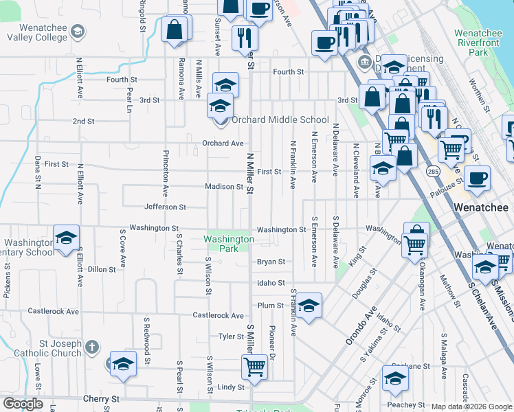 map of restaurants, bars, coffee shops, grocery stores, and more near 3 South Miller Street in Wenatchee