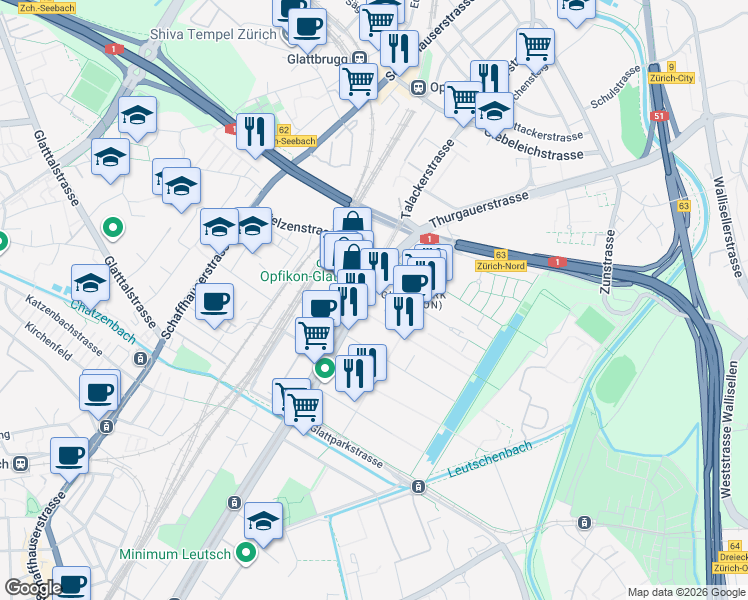 map of restaurants, bars, coffee shops, grocery stores, and more near 130 Thurgauerstrasse in Opfikon