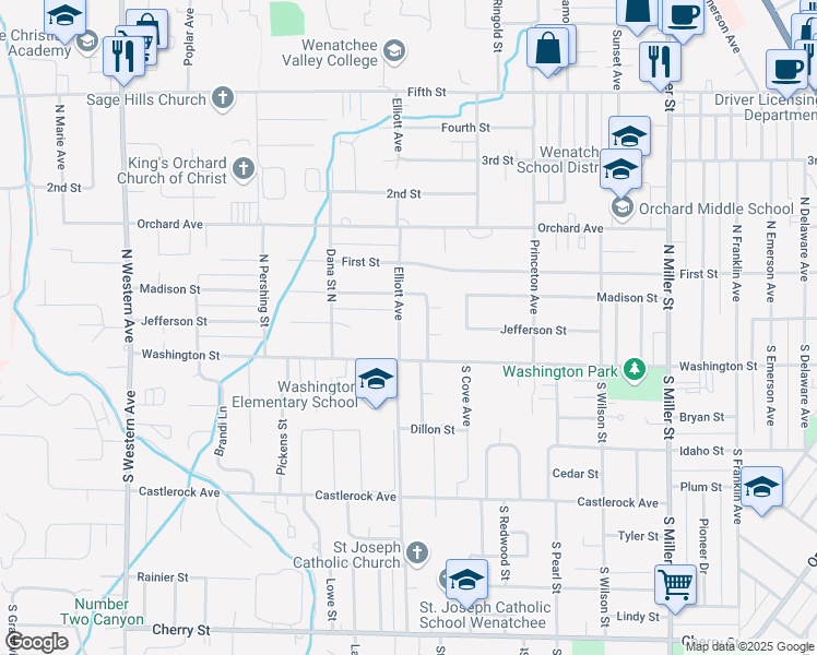 map of restaurants, bars, coffee shops, grocery stores, and more near 15 Elliott Avenue North in Wenatchee