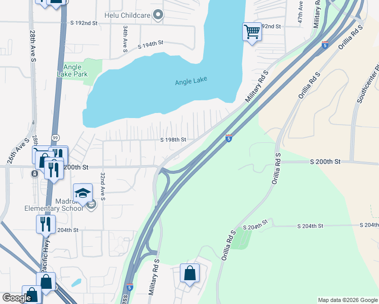 map of restaurants, bars, coffee shops, grocery stores, and more near 19816 Military Road South in SeaTac