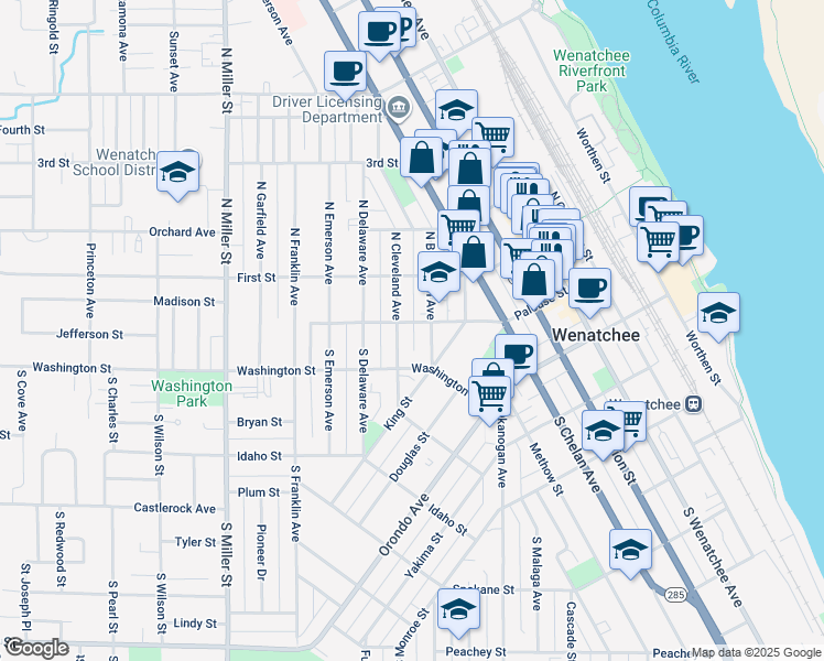 map of restaurants, bars, coffee shops, grocery stores, and more near 416 Palouse Street in Wenatchee