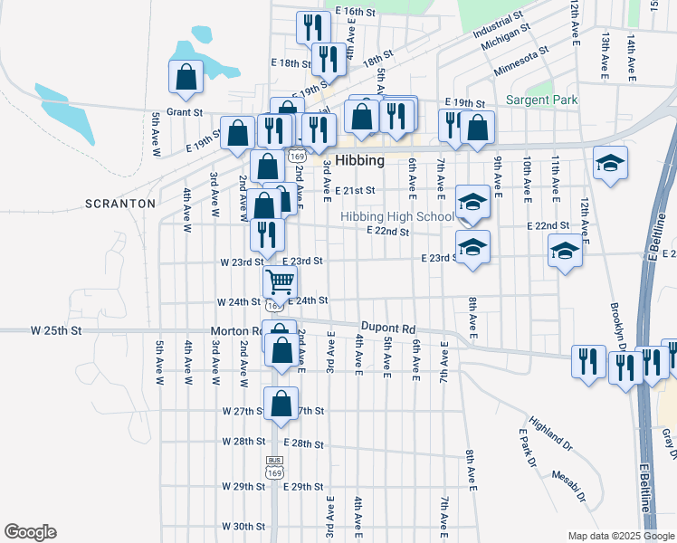 map of restaurants, bars, coffee shops, grocery stores, and more near 309 East 23rd Street in Hibbing